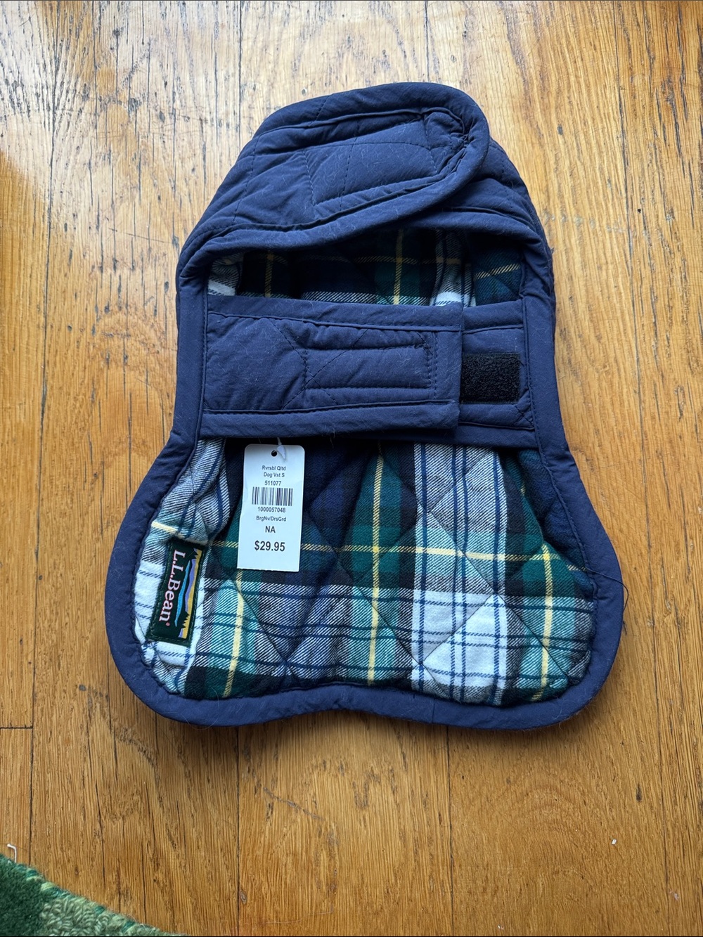 L.L. Bean | Navy Quilted Dog Jacket with Tartan Lining